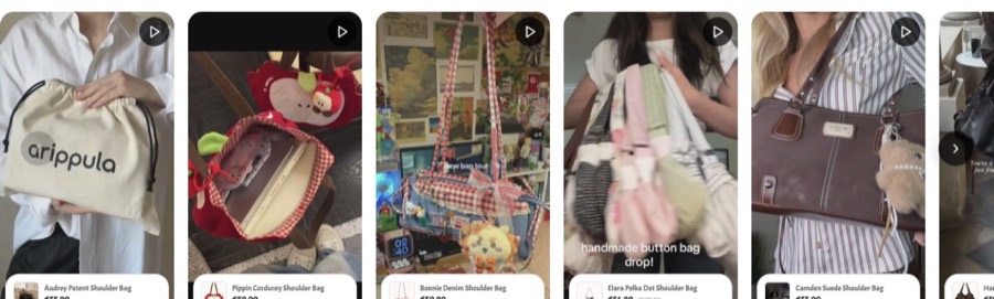 Shoppable video carousel on the Arippula storefront, each video tagged with a bag and its price