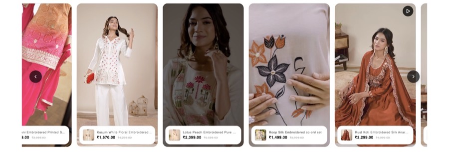 Decize storefront showing a row of shoppable videos with product cards and rupee prices