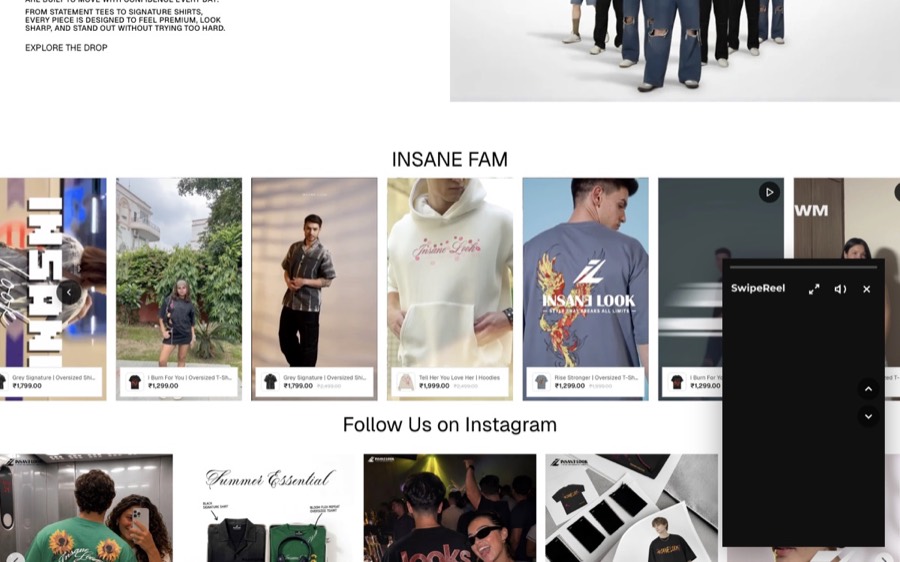 Insane Look storefront with a shoppable video rail and the mini player open