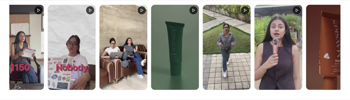 Row of creator videos on the Mayskin storefront, alternating with product shots