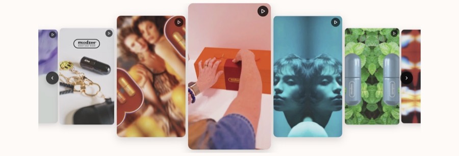 Moodzee storefront with a coverflow row of brand videos