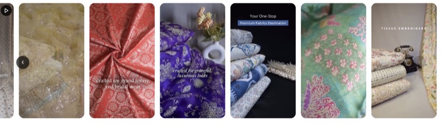 Shoppable video carousel on the Ramji Sons storefront showing fabric close-ups